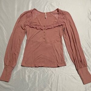 Free People Ribbed Lace Trim Top-Size Large-Dusty Rose